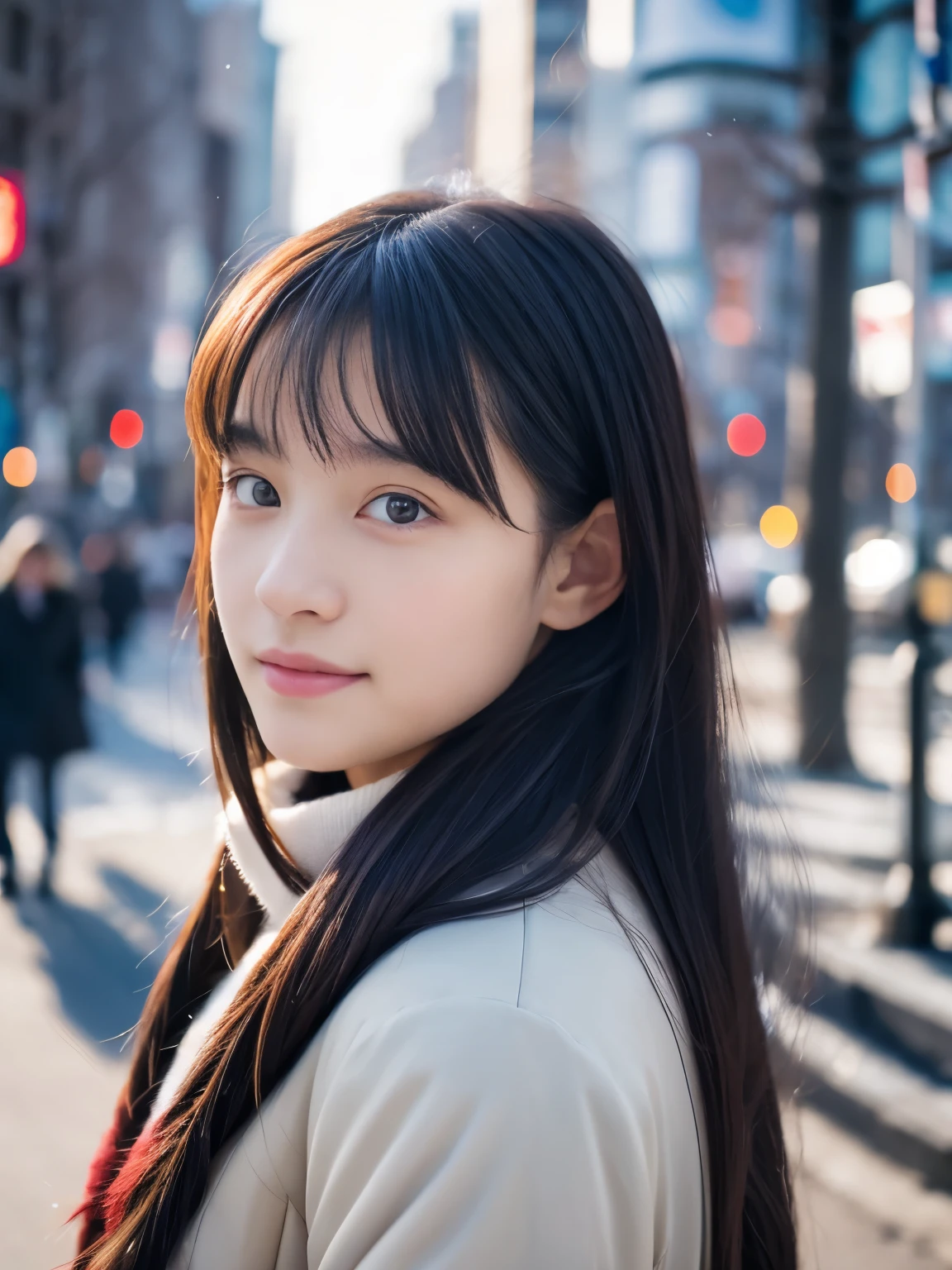 Photorealsitic, 8k full-length portraits, Beautuful Women, A charming expression, sixteen years old, TOKYOcty, Winters, Shibuya in the background