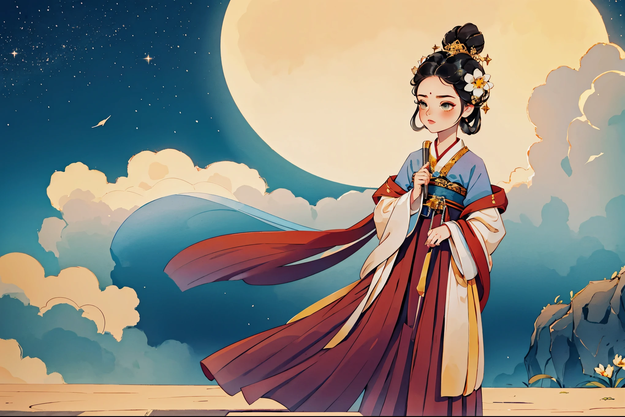 1 Sister, Alone, looking at viewert, face flushed, Background with, black hair color hair, hair adornments, longer sleeves, white backgrounid, Eternal, Full body lesbian, golden colored, Hanfu, themoon, hairflower, hair-bun, starlights, clouds, tmasterpiece, recent quality, The finest details, Clear facial features, beautidful eyes
