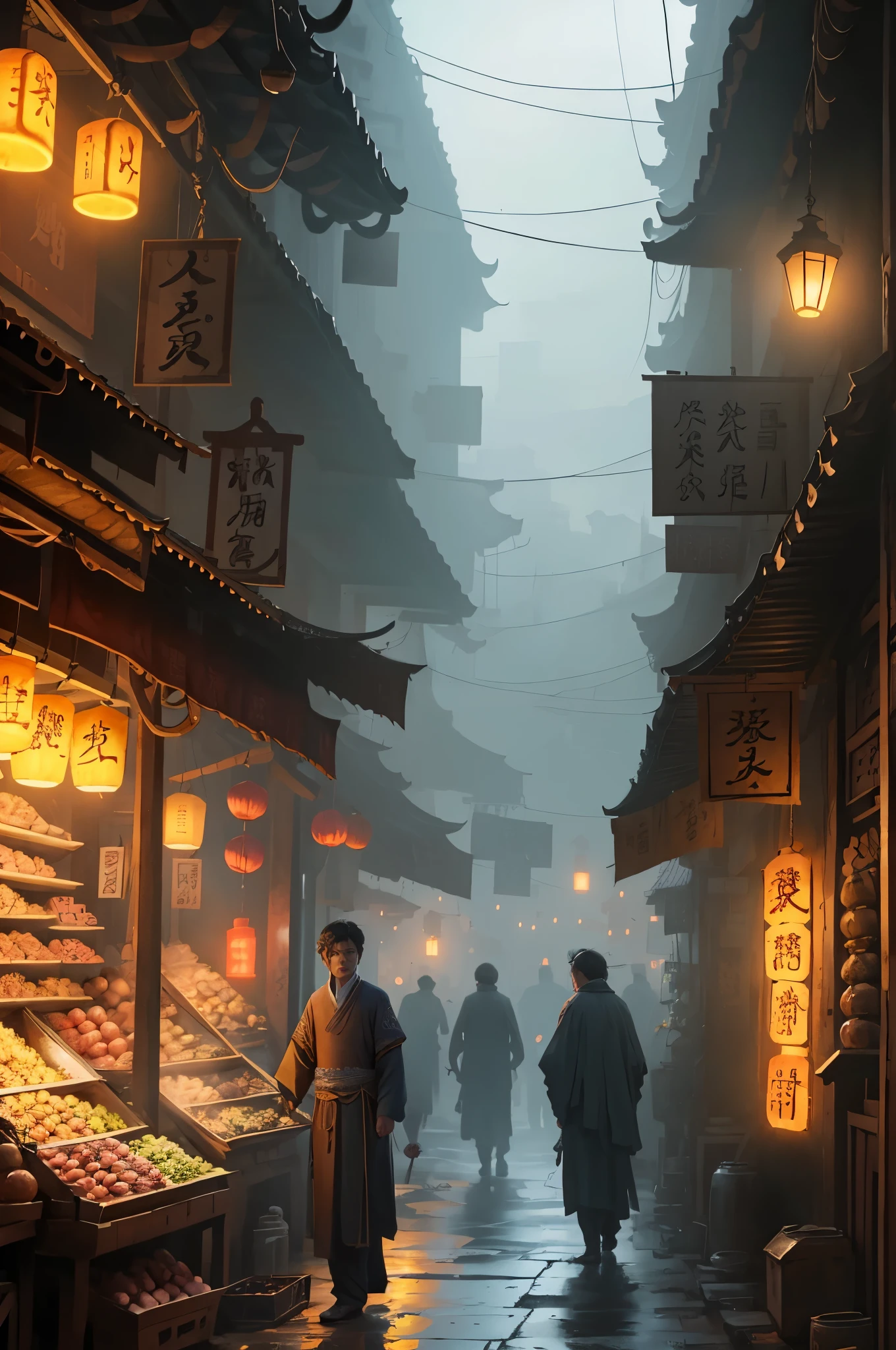 MarketaB,ancientry,capital city,in the early morning,Xianxia,without humans,dimly lpty alleys,water ink