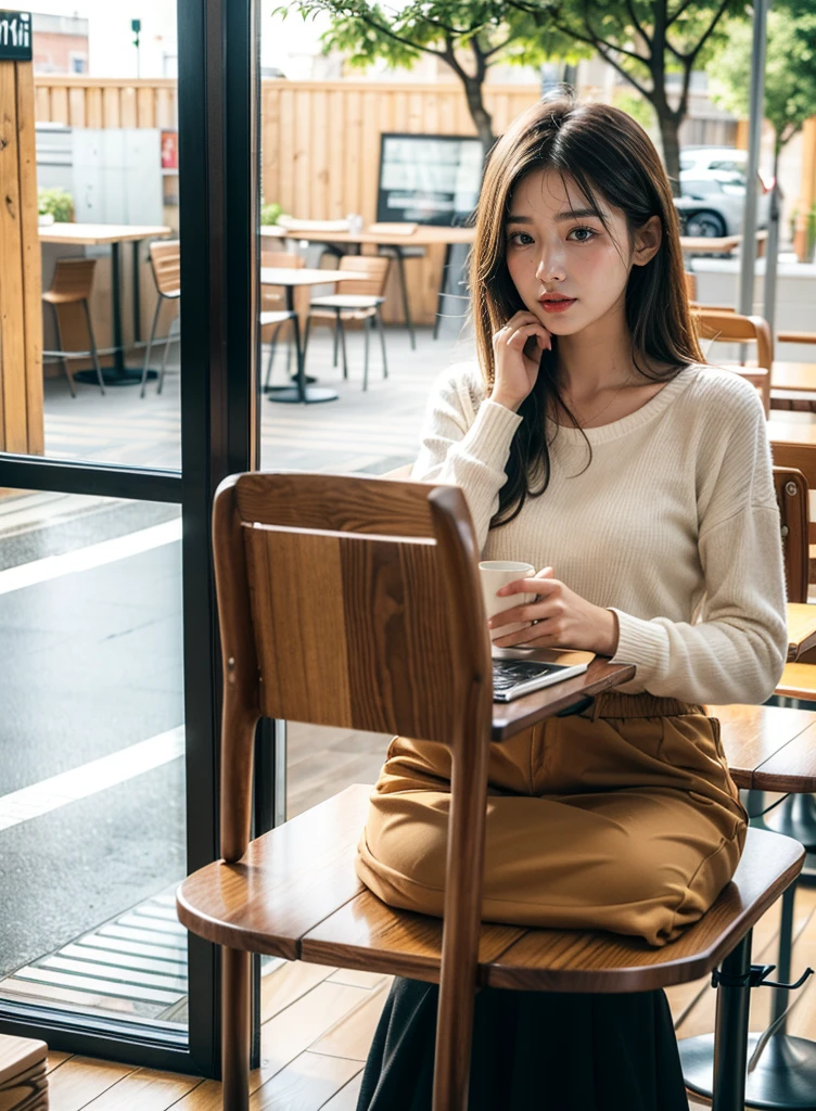 Terrace seating in an open café, Sandwich placed on the wooden desk, Cafe latte on the desk