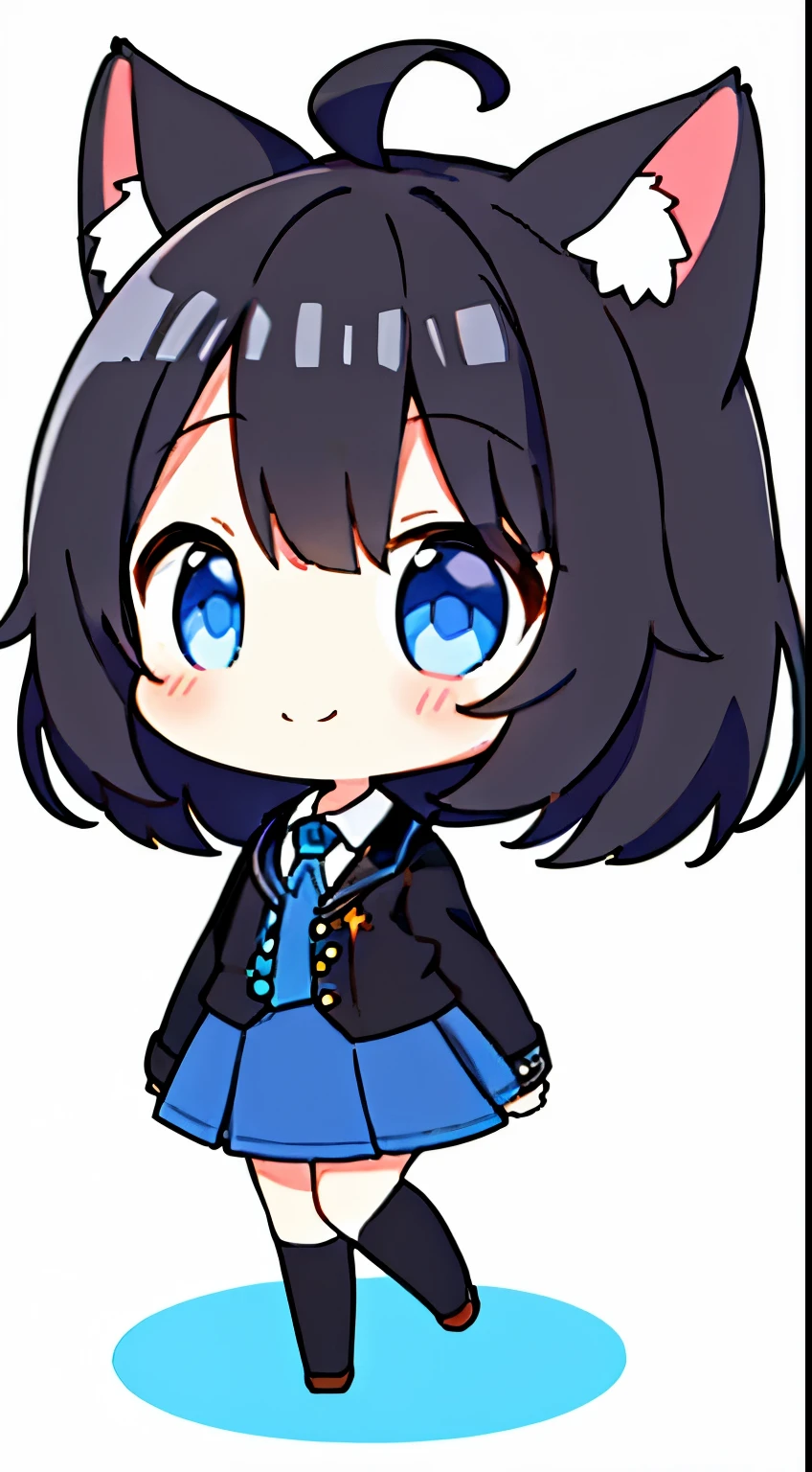 1girl with, Open mouth, Smile, Virtual Youtuber、girl with、((Best Quality, high_resolution, Distinct_image)),(Black hair), (Black cat ears), (Ahoge), (absurdly short hair), (Wavy Hair), (Blue eyes),、A smile、((concept-art))、Dressed in student uniform。wore a tie((Arms at sides))((Upright))、独奏、girl with1人、above knee、White background、symple background、Front-facing。Lori。Gamine。Mini。 3歳のgirl with, Big head, twitchEmote, Full body, White background, Chibi, Emote, face to the viewer,