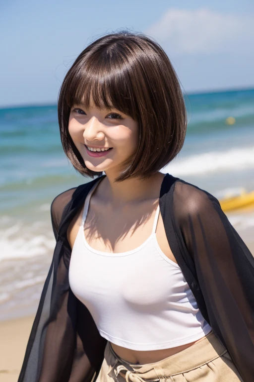 Japan Beauty,High Teenager,is standing,Niō Standing,Straight in front photo,a smile (Detailed body,lean body,small bust,Small breasts,Small,small tits,big breasts thin waist,Larger hips,Thick thighs) (detailed photo composition,is standing,FULL BODYSHOT,full body shot,Shot straight ahead,Standing,eye level photo) (detailed costume,sheer white short sleeve blouse,Red miniskirt) (A detailed face,elongated facial contour,少しa smile,Sharp cheeks,Round chin,neat nose) (A detailed eye,Looking at the camera,skinny cheeks,Round chin,Slender eyes,Beautiful eyes,Dark gray eyes) (Detailed hair,Bob cut hair,a little brown hair) (Detailed shooting location,beach,sand beach)