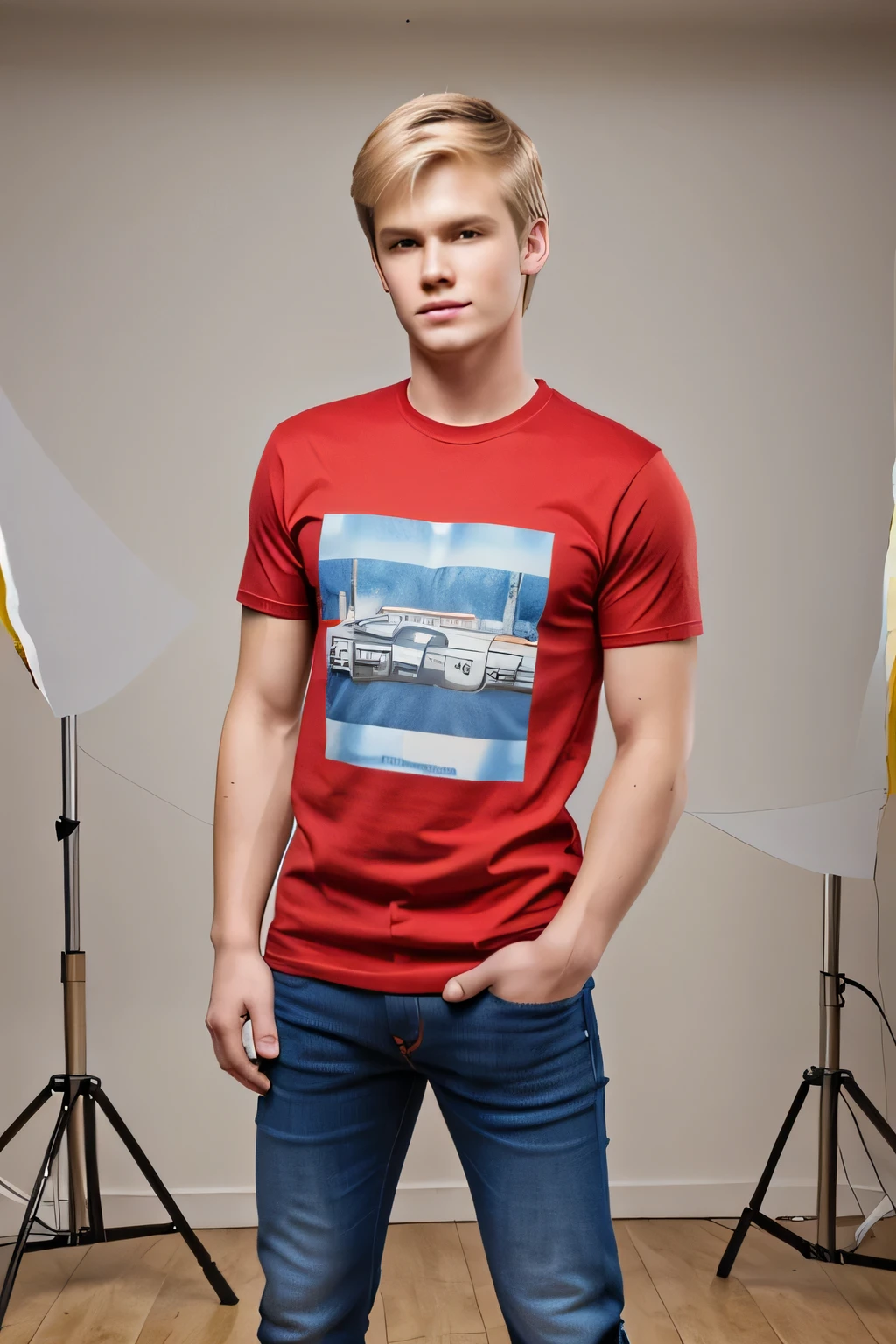 dark ash blonde with highlights man, hombre guapo con camiseta roja, pantalones vaqueros, cabello rubio, in the photo studio room, Hombre guapo, corte de pelo corto, Hombre de pie