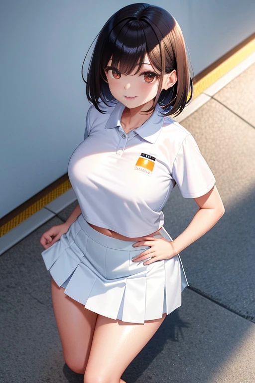 ung girl,ultra - detailed,tmasterpiece,Best quality at best,love letter,blush blush,Yazawa Nico,red eyes, face flushed,Blunt hair, On the ground, chubbiness,ssmile,both hands on hip,独奏, White polo shirt, White sneakers,
, white mini-skirt, realistically, (shiny skins, perspired:1.4), Huang Li, looking at viewert, with short black hair, with brown eye,slenderness,Dynamic light and shadow,A high resolution,Focus sharp,depth of fields,The eyes are delicate,Sharp pupils,student reality,(Bigchest:1.6),(Thigh thick:1.0),luring,sky sky,The camera looks from the bottom up,
