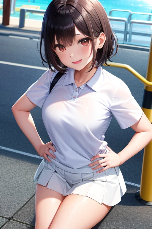 ****ung girl，ultra - detailed，tmasterpiece，Best quality at best，love letter，blush blush，Yazawa Nico,red eyes, face flushed,Blunt hair， On the ground,  chubbiness，ssmile，both hands on hip，独奏, White polo shirt, White sneakers, 
, white mini-skirt,  realistically,  (shiny skins, perspired:1.4), Huang Li, looking at viewert, with short black hair, with brown eye,slenderness,Dynamic light and shadow,A high resolution,Focus sharp,depth of fields,The eyes are delicate,Sharp pupils,student reality,(Bigchest:1.6),(Thigh thick:1.0),luring,sky sky，The camera looks from the bottom up，