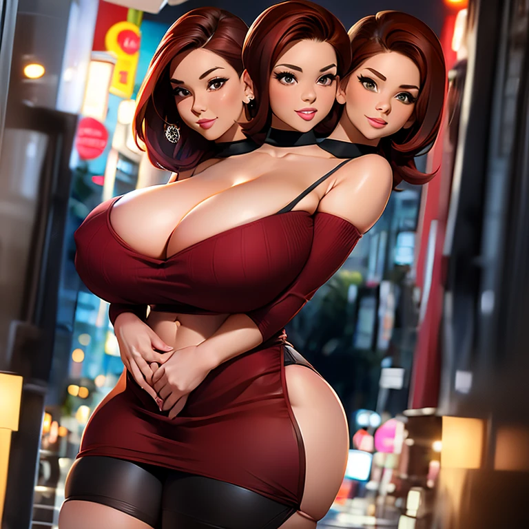 (((2heads))), a short chubby woman with 2heads. Outside at night, In a busy city. Huge-breasts. sweater. open shoulders. Slim beautiful face. mini skirt. mesh leggings. Young. Happy. flirty. seductive. Huge-breasts. Giant erect nipples. Massive breasts. Huge boobs. short. Wild dirty burgundy hair. Cute. slutty. Bimbo. girlfriend. Extremely huge fake round tits.