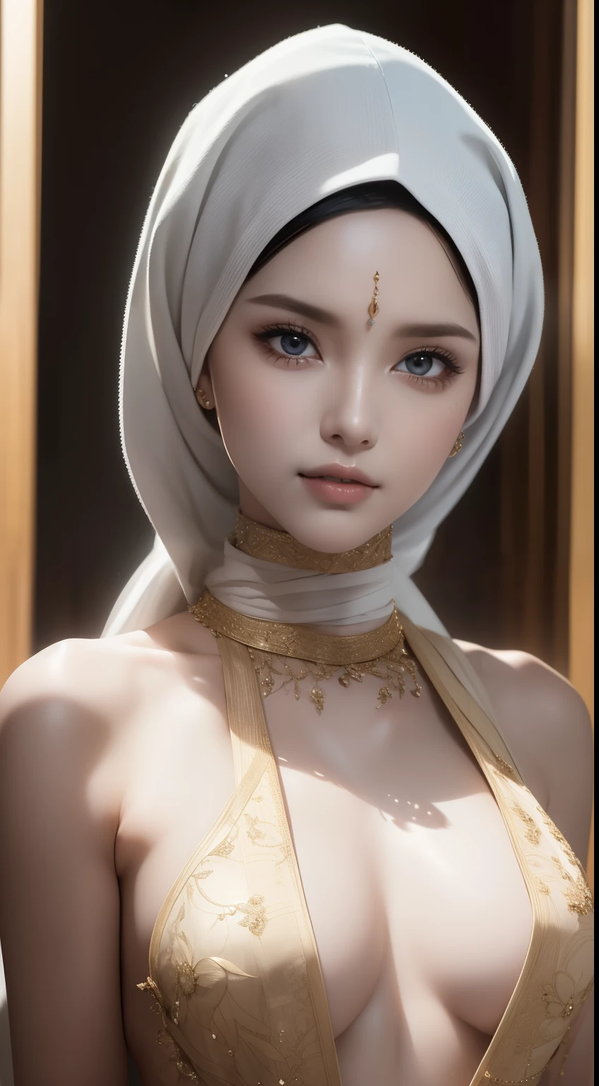 (Masterpiece:1.2), (Best quality), (Full body like:1.3) ,(Ultra detailed), (8K, Intricaens 135mm,F1.8), (Photorealistic)(Black background:1.ortrait photography,(cropped shoulders),On a walk,Side lighting,Edges are lit,Best shadow,Area light source,Perfect anatomy,Perfect face shape,Perfect for women,First-class female body,Refines skin texture,Fine cloth pattern,Meticulous beauty,Delicate and delicate skin,highly detailed skin,pale skin,hijabi,glistening skin,(dynamicposes),
