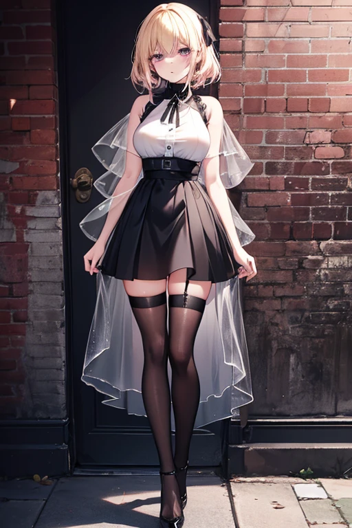 Around 50, standing in front of a brick wall wearing a black dress and high heels, transparent gray skirts, Black skirt, high-waist-black-skirt, Sexy Outfit, Sexy style, intriguing outfit, see through dress, very Sexy Outfit, Sexy look, Sheer, wearing skirt, Highly revealing outfits, see - through, thighhighs and skirt, Goth aesthetics、blonde  hair、Blonde pink hair、Beautie、