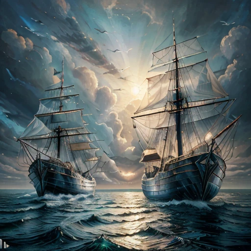 reales Bild((Oil ))Landschaftsmalerei, Acrycle Malerei, Pinselstriche, Mit unvergleichlichem Realismus,ultrabreit,Unheilvoller Himmel,Segelschiffe,Holzboote,Lotus,Riesige Wellen,Sternennacht,《Assassins Creed》Ambiente,voluminrische Beleuchtung,Lichtung,realistisch,James Gurney,Kunststationen,((oil painting paint), 16:Aspect ratio 9