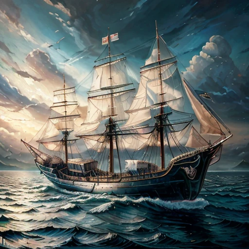 reales Bild((Oil ))Landschaftsmalerei, Acrycle Malerei, Pinselstriche, Mit unvergleichlichem Realismus,ultrabreit,Unheilvoller Himmel,Segelschiffe,Holzboote,Lotus,Riesige Wellen,Sternennacht,《Assassins Creed》Ambiente,voluminrische Beleuchtung,Lichtung,realistisch,James Gurney,Kunststationen,((oil painting paint), 16:Aspect ratio 9