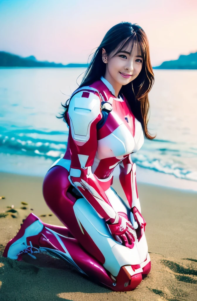 （ultra best quality、in 8K、masuter piece、delicate illustration、full body Esbian）,(Wearing a shocking pink and white Iron Man suit:1.1)、A beautiful and bewitching Japanese 25-year-old woman、Plump body、Colossal tits、A dark-haired、A slight smil、(Stand kneeling)、the beach