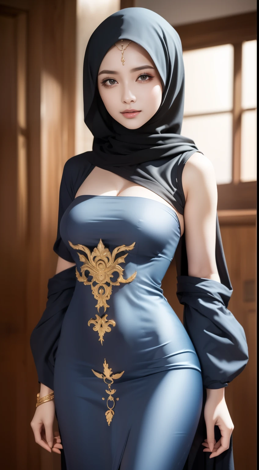 8K, Top Quality, Intricate Details, Ultra Detail, Ultra High Resolution, Masterpiece, close up shot, Slender,, ((Full body )), (Makeup: 0.4), (), , looking at viewer, ((full body)), 1girl, solo, 1 girl, ((blue hair, bangs )), , , ((tall)), (((fit body))), (((slim face))), sharp face , smile, (( blue hair, bangs, long hair )) , (detailed face), sharp face, small lips, standing, random pose , show belly ,, , ((abaya,)), , ((detail belly )), detail fingers, detail hands, detailed face, detailed breast, huge breast, Narrow Waist, Skinny, 175 cm tall , Muscular, Navel, Exposed Abdomen, Pointed Ches , large breast, , , Beautiful girl with accentuated slender abs: 1.4, Six Pack Abs: 1.4, Bust Botox,, Perfect Body, (( dark background)), black background,