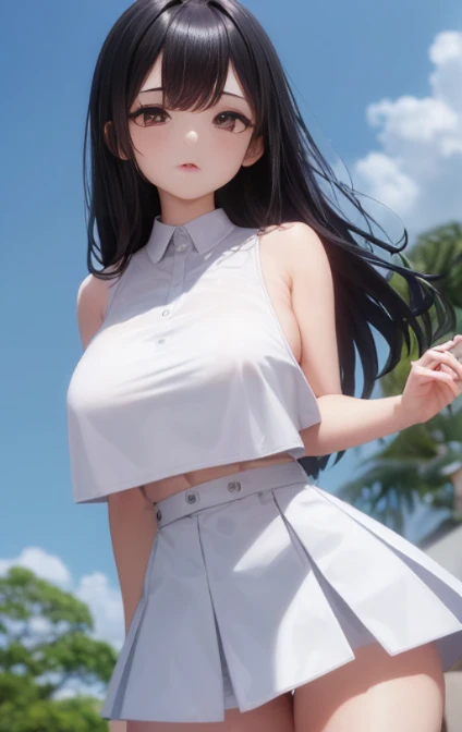 ung girls, 独奏, White polo shirt, White sneakers,
, white mini-skirt, tmasterpiece, Best quality at best, realistically, ultra - detailed, (shiny skins, perspired:1.4), Huang Li, looking at viewert, with short black hair, with brown eye,slenderness,Dynamic light and shadow,A high resolution,Focus sharp,depth of fields,The eyes are delicate,Sharp pupils,student reality,(Bigchest:1.6),(Thigh thick:1.0),luring,sky sky,The camera looks from the bottom up,The camera shoots from below