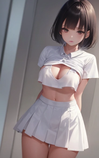 1 Young girls, 独奏, White polo shirt, White sneakers, 
, white mini-skirt, tmasterpiece, Best quality at best, realistically, ultra - detailed, (shiny skins, perspired:1.4), Huang Li, looking at viewert, with short black hair, with brown eye,slenderness,Dynamic light and shadow,A high resolution,Focus sharp,depth of fields,The eyes are delicate,Sharp pupils,student reality,(Bigchest:1.6),(Thigh thick:1.0),luring,sky sky，The camera looks from the bottom up，The camera shoots from below