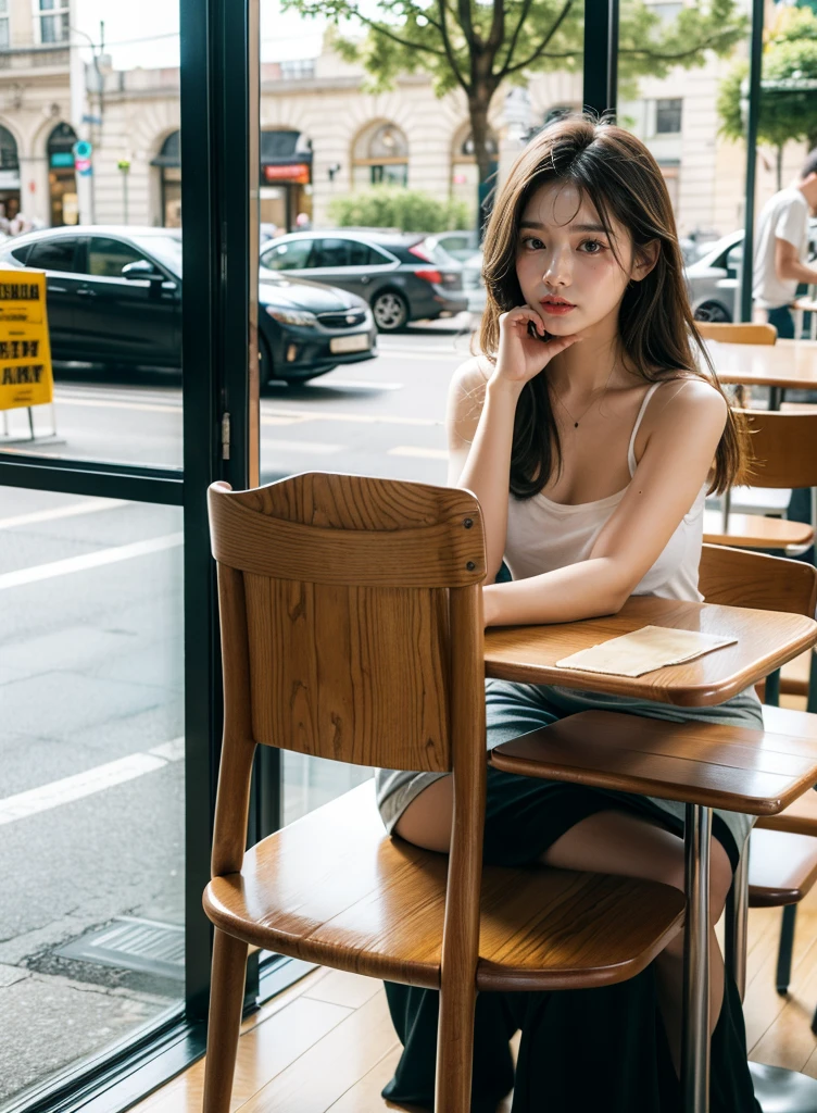 table in front of girl, girl sitting on a wood chair, Sandwich and latte on the table