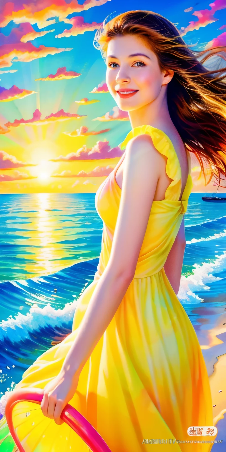 a girl, riding dolphin , half body shot, beautiful detailed eyes, beautiful detailed lips, long eyelashes, high-res, extremely detailed eyes and face, vivid painting, tropical paradise, sunset, beach,  flowing dress, splashing water, vibrant colors, soft light, beach ball, seashells, sandy shore, (magic, dreamy),