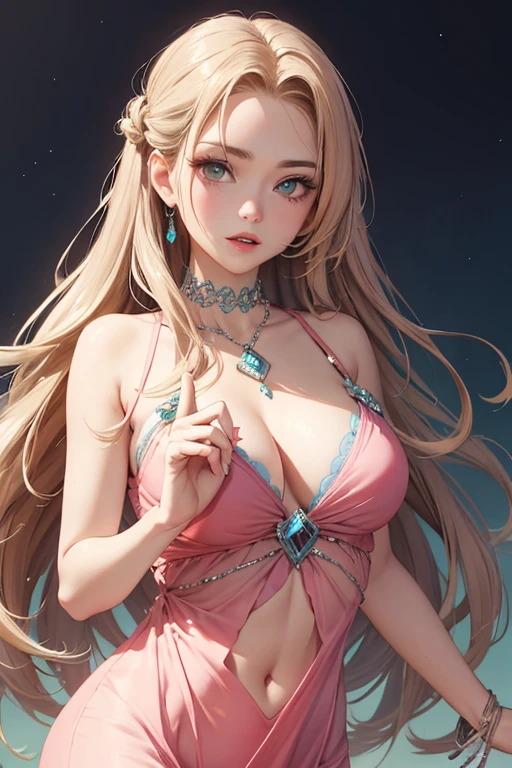 super long hair with super waves, Brown hair, 1girl in, emerald eyes, Wave your hand with two fingers, Pink lips, Pastel green dress,Navel Look、