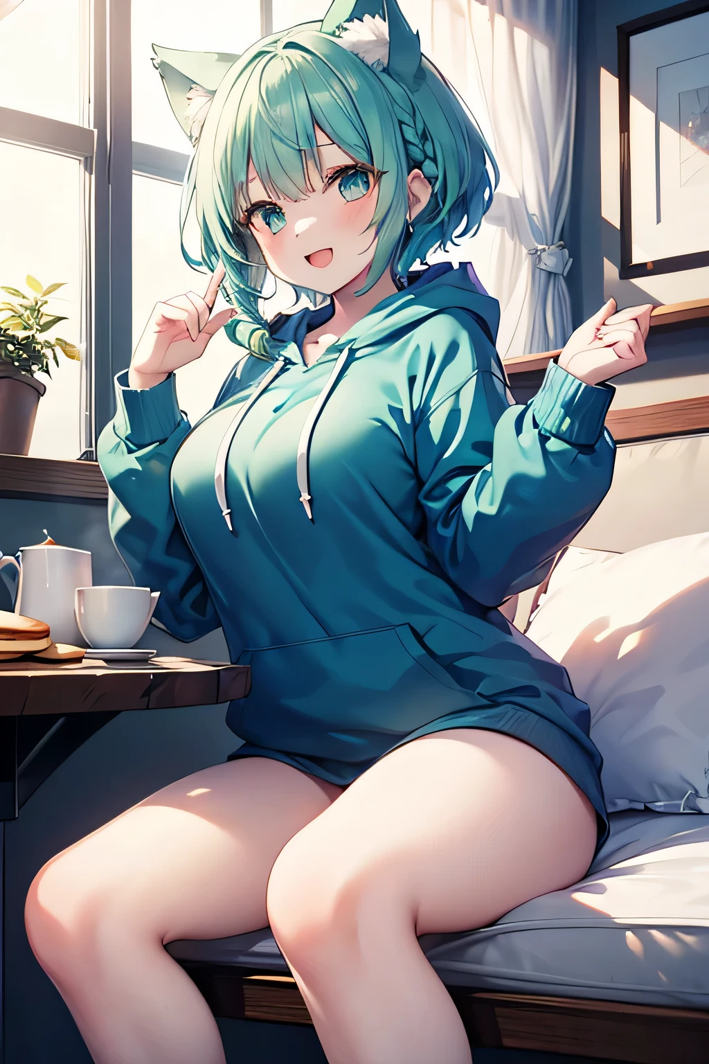 ((masutepiece)), ((Best Quality)), ((8K)), High resolution, 1girl in, Cat ears, morning, pancake, Green eye, aqua hair, a pixie cut, braid, pale skin, Open mouth, Smile, Large breasts, Blue Hoodie