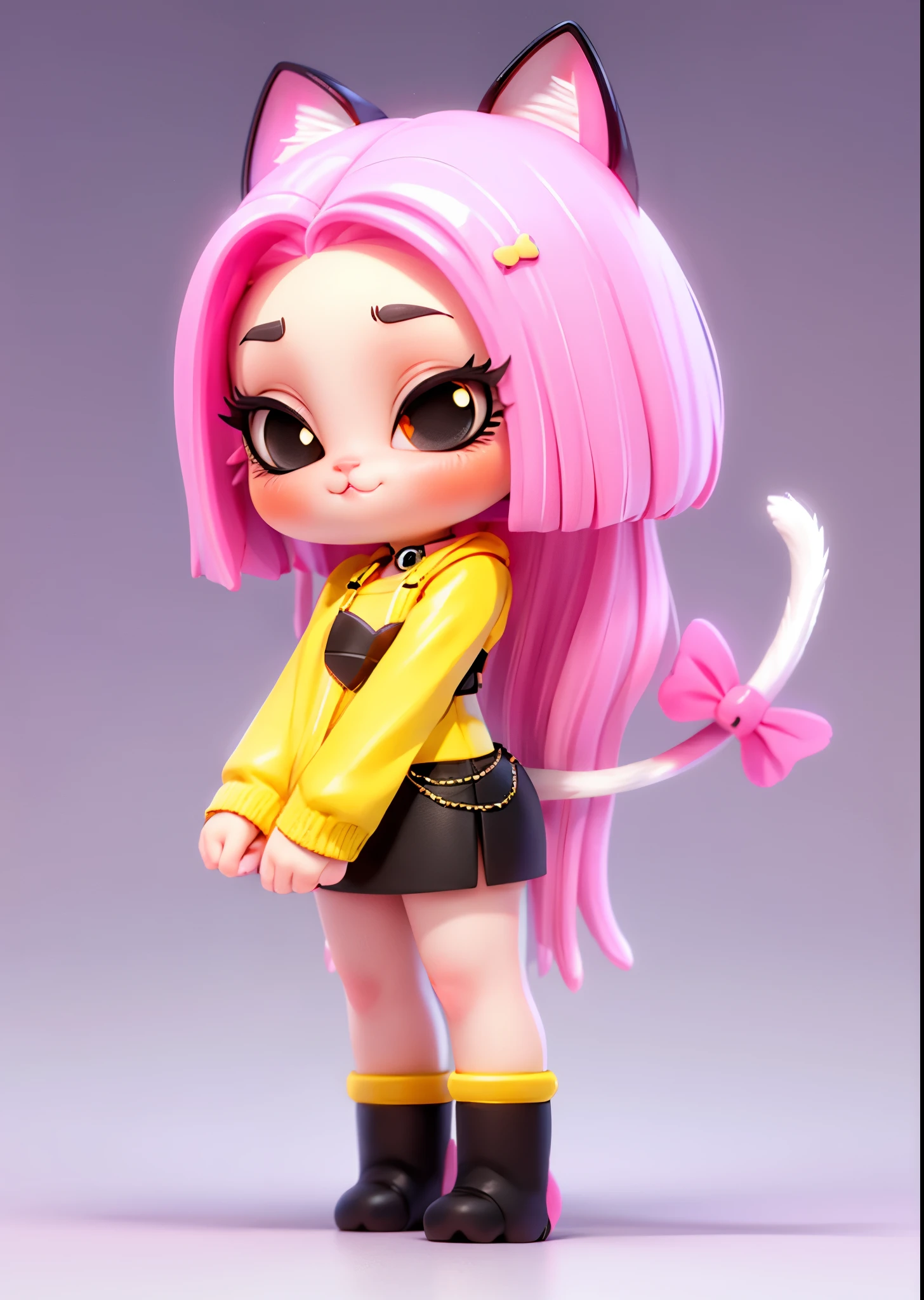 (1 girl, full body,pink hair)),((masterpiece:1,2, cat-like mouth, black eyes, yellow pupil, stereoscopic, clean background)), Anime character, female leather mini cute style, cute, chibi,very pretty cute cat girl, lighting extremely, cat tail, beautiful, style 3d, quality, toy blender, and, blind box toys,8k