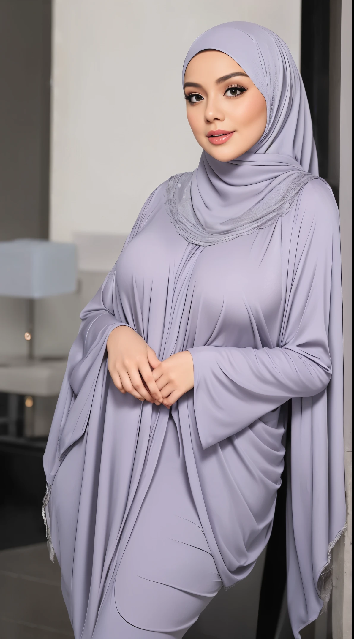 Girl, big boobs, grey hijab, long hair, violet, lingerie, lay, handsup, white liquid, young