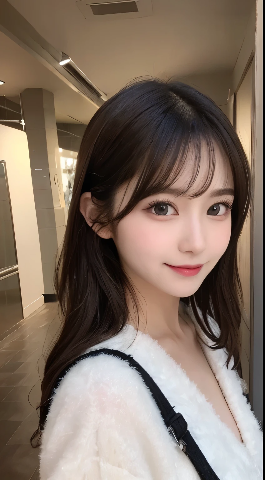 masutepiece, Best Quality, Illustration, Ultra-detailed, finely detail, hight resolution, 8K Wallpaper, Perfect dynamic composition, Beautiful detailed eyes, Women's fashion fluffy winter clothes,Medium Hair,Small breasts natural color lip, Bold sexy poses,Smile,Harajuku、20 years girl、Cute、Sexy shot looking at camera