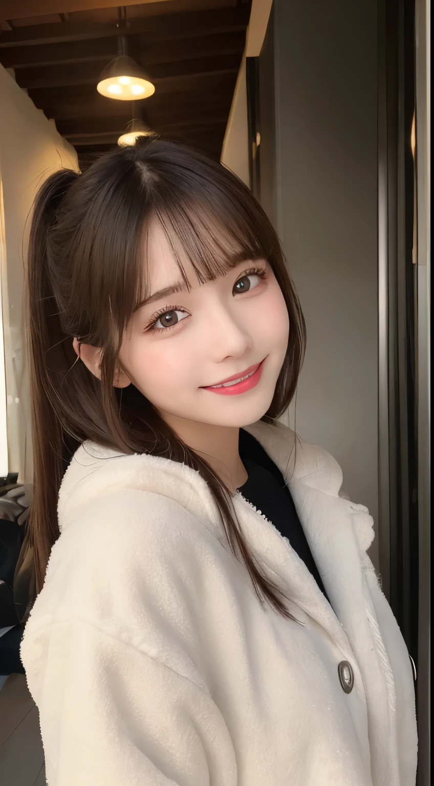 masutepiece, Best Quality, Illustration, Ultra-detailed, finely detail, hight resolution, 8K Wallpaper, Perfect dynamic composition, Beautiful detailed eyes, Women&#39;s fashion fluffy winter clothes,Medium Hair,Small breasts natural color lip, Bold sexy poses,Smile,Harajuku、20 years girl、Cute、Sexy shot looking at camera