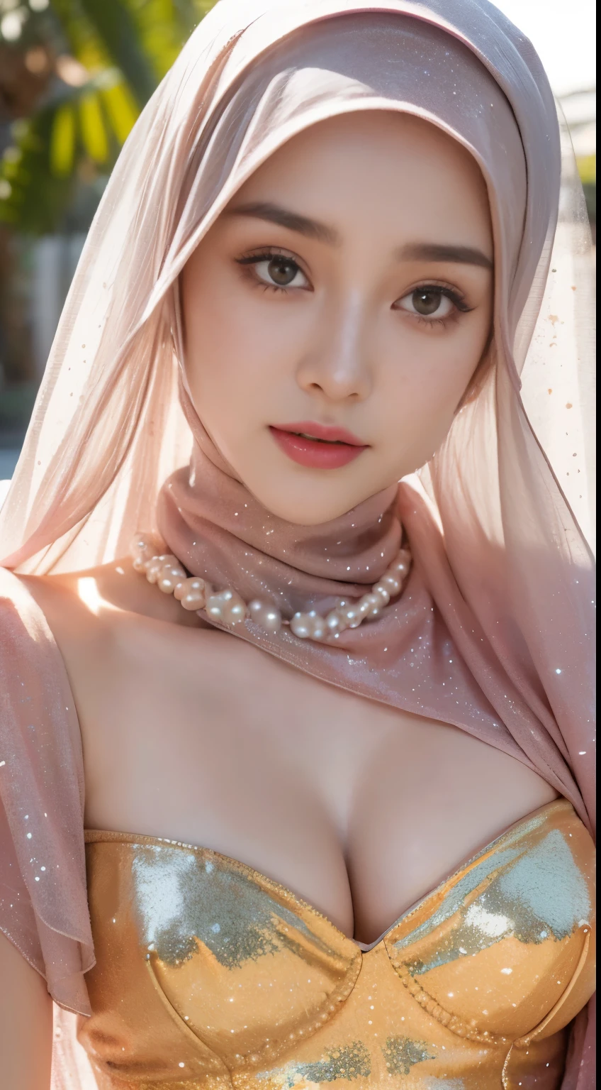 Dilraba Dilmurat, face veil, hijab, jilbab, muslim face mask, mouth veil, freckles, eyes mascara, masterpiece, best quality, photorealistic, long pointy elf ears, glowing sparkly skin, soft lighting, voluptuous, cleavage, windy desert, blowing swirling sand grains, sunny backlighting, bloom, light sparkles, sharp focus, colorful liquid gel rain, close up, fashion designer, resplendent tiny pearls necklace, Halloween pumpkin theme background, baroque