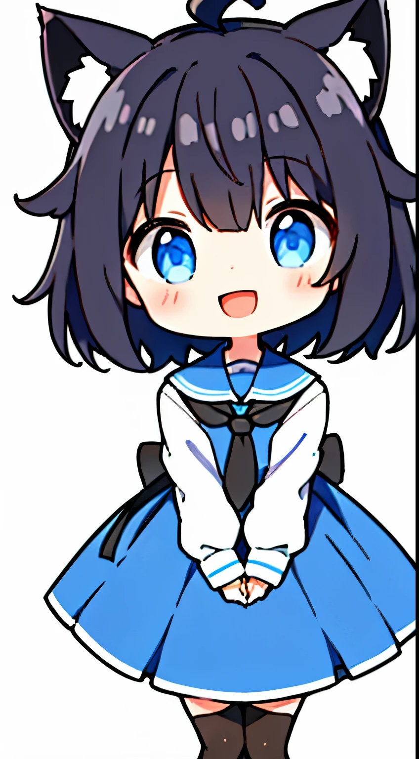 1girl with, Open mouth, Smile, Virtual Youtuber、girl with、((Best Quality, high_resolution, Distinct_image)),(Black hair), (Black cat ears), (Ahoge), (absurdly short hair), (Wavy Hair), (Blue eyes),、A smile、((concept-art))、Dressed in student uniform。wore a tie((Arms at sides))((Upright))、独奏、girl with1人、above knee、White background、symple background、Front-facing。Lori。Gamine。Mini。 3歳のgirl with, Big head, twitchEmote, Full body, White background, Chibi, Emote, face to the viewer,