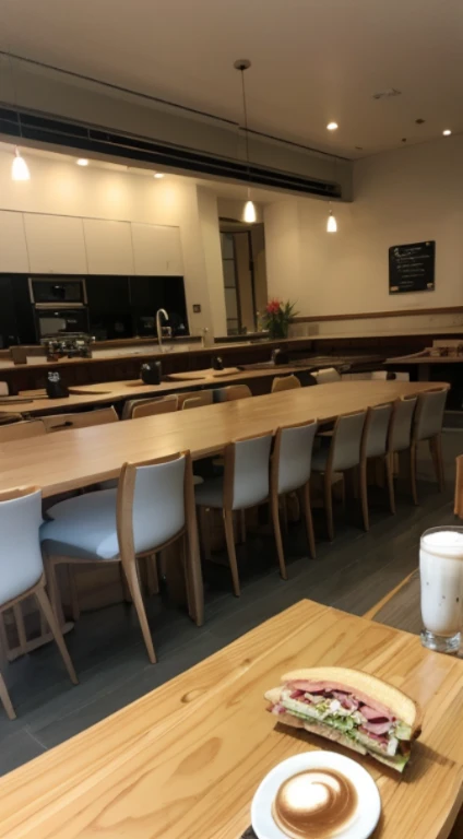 larger table, Sandwich and latte on the table