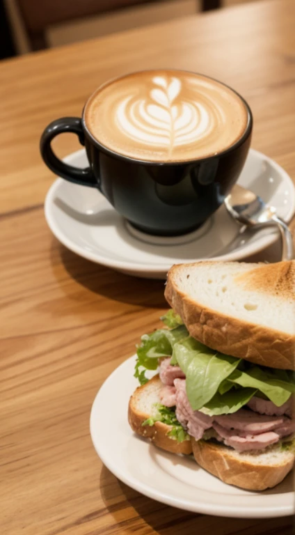 larger table, Sandwich and latte on the table