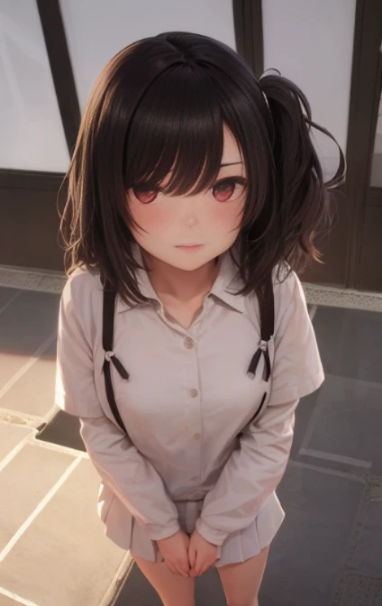 ung girls, 独奏, White polo shirt, White sneakers,
, white mini-skirt, tmasterpiece, Best quality at best, realistically, ultra - detailed, (shiny skins, perspired:1.4), Huang Li, looking at viewert, with short black hair, with brown eye,slenderness,Dynamic light and shadow,A high resolution,Focus sharp,depth of fields,The eyes are delicate,Sharp pupils,student reality,(Bigchest:1.6),(Thigh thick:1.0),luring,sky sky,The camera looks from the bottom up,The camera shoots from below,love letter,blush blush,Yazawa Nico,red eyes, face flushed,Blunt hair,On the ground, chubbiness,ssmile,both hands on hip,The camera looks from the bottom up,The perspective is from bottom to top