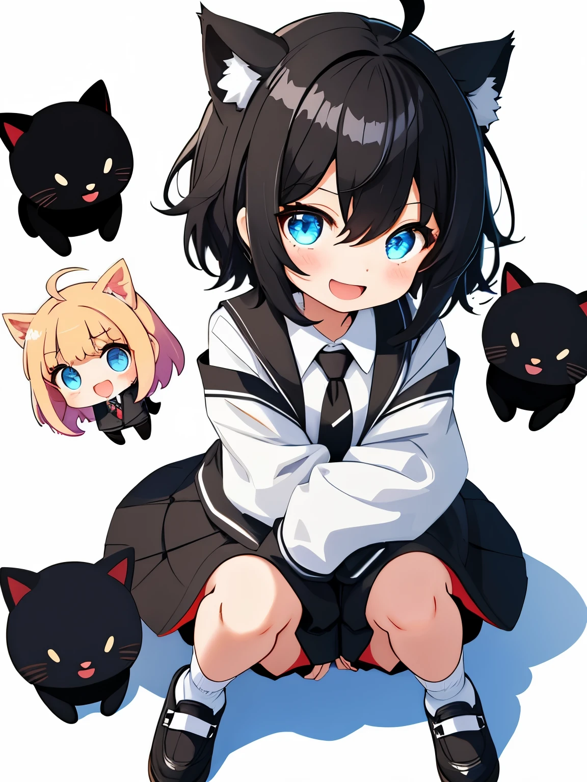 1girl with, Open mouth, Smile, Virtual Youtuber、girl with、((Best Quality, high_resolution, Distinct_image)),(Black hair), (Black cat ears), (Ahoge), (absurdly short hair), (Wavy Hair), (Blue eyes),、A smile、((concept-art))、Dressed in student uniform。wore a tie((Arms at sides))((Upright))、独奏、girl with1人、above knee、White background、symple background、Front-facing。Lori。Gamine。Mini。 3歳のgirl with, Big head, twitchEmote, Full body, White background, Chibi, Emote, face to the viewer,
