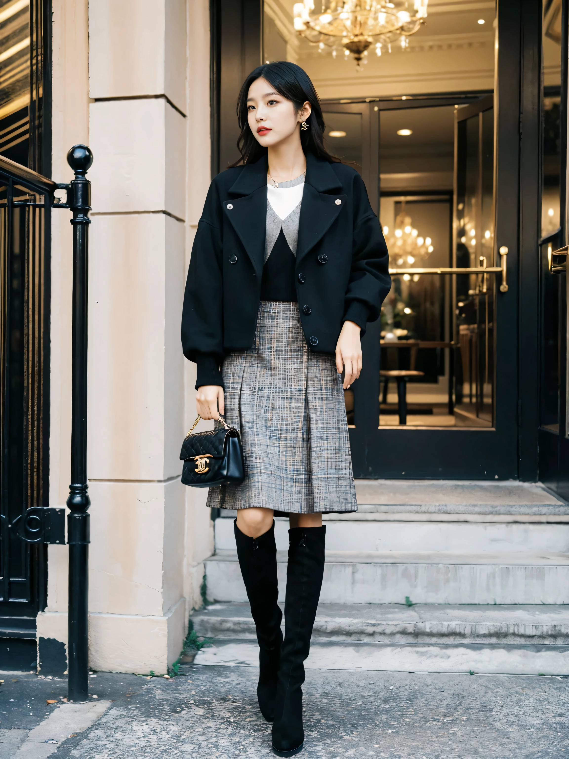 Best quality at best,tmasterpiece,超高分辨率,(actual:1.4),RAW photogr,hyper HD,8K,There is one girl,Stylish clothes,Chanel style,Stylish skinny suit, wearing jacket and skirt,high-class fashion,ellegance, short skirt and a long jacket, tigh-high boots,Over-the-knee boots,Casual pose,legs long