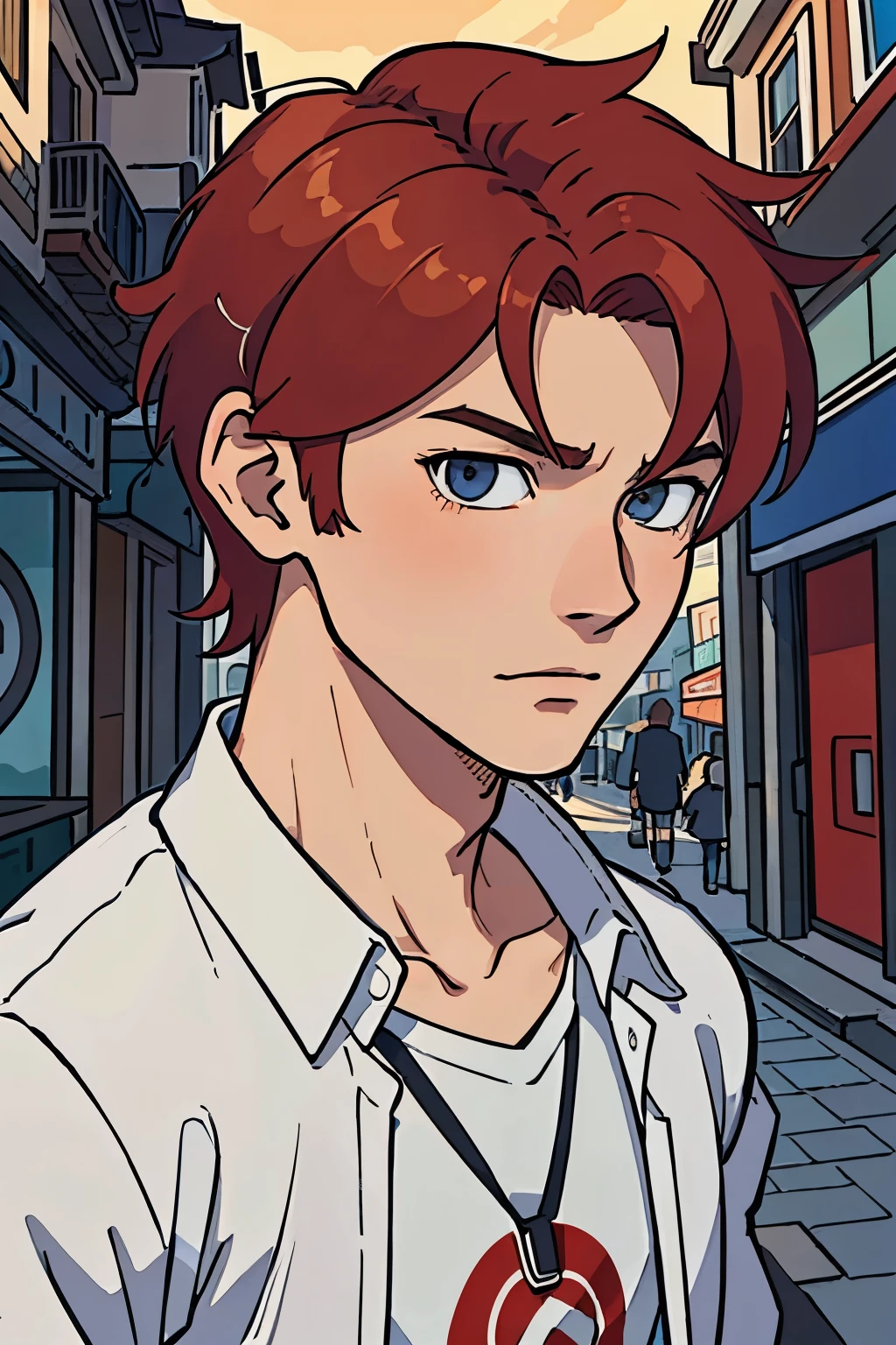 (best-quality:0.8), (best-quality:0.8), perfect anime illustration, extreme closeup portrait of a handsome man, young man red hair, short hair, walking through the city