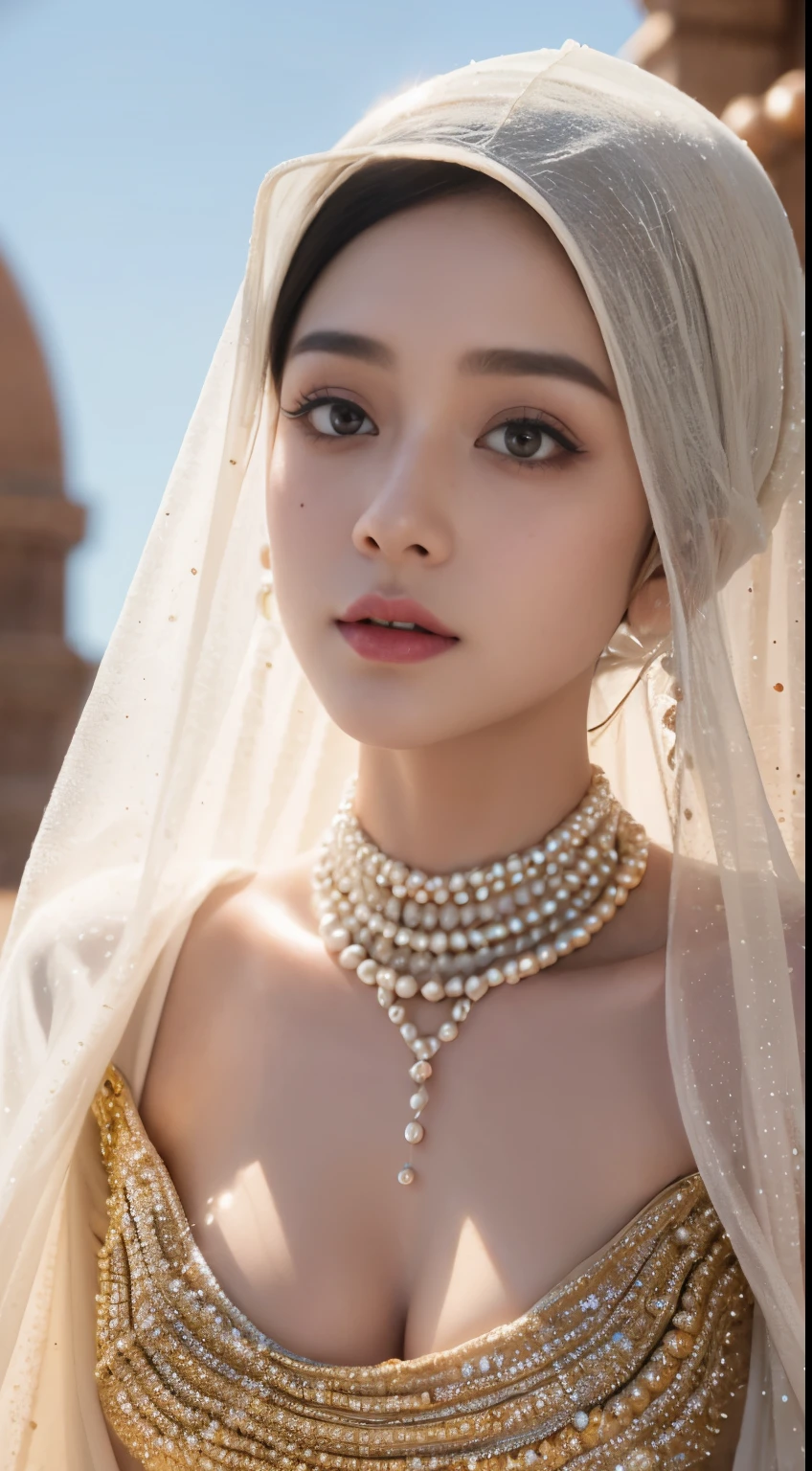 Dilraba Dilmurat, face veil, hijab, jilbab, muslim face mask, mouth veil, freckles, eyes mascara, masterpiece, best quality, photorealistic, glowing sparkly skin, soft lighting, voluptuous, cleavage, windy desert, blowing swirling sand grains, sunny backlighting, bloom, light sparkles, sharp focus, colorful liquid gel rain, close up, fashion designer, resplendent tiny pearls necklace, Halloween pumpkin theme background, baroque