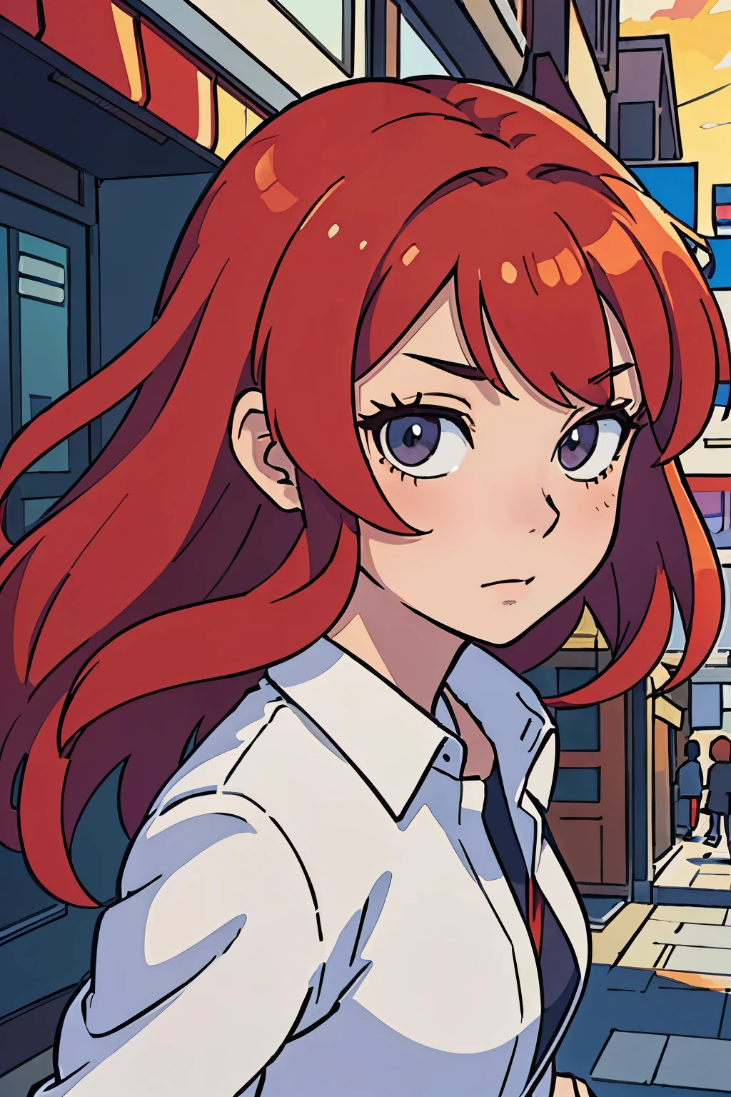 (best-quality:0.8), (best-quality:0.8), perfect anime illustration, extreme closeup portrait of a pretty woman, red hair, walking through the city