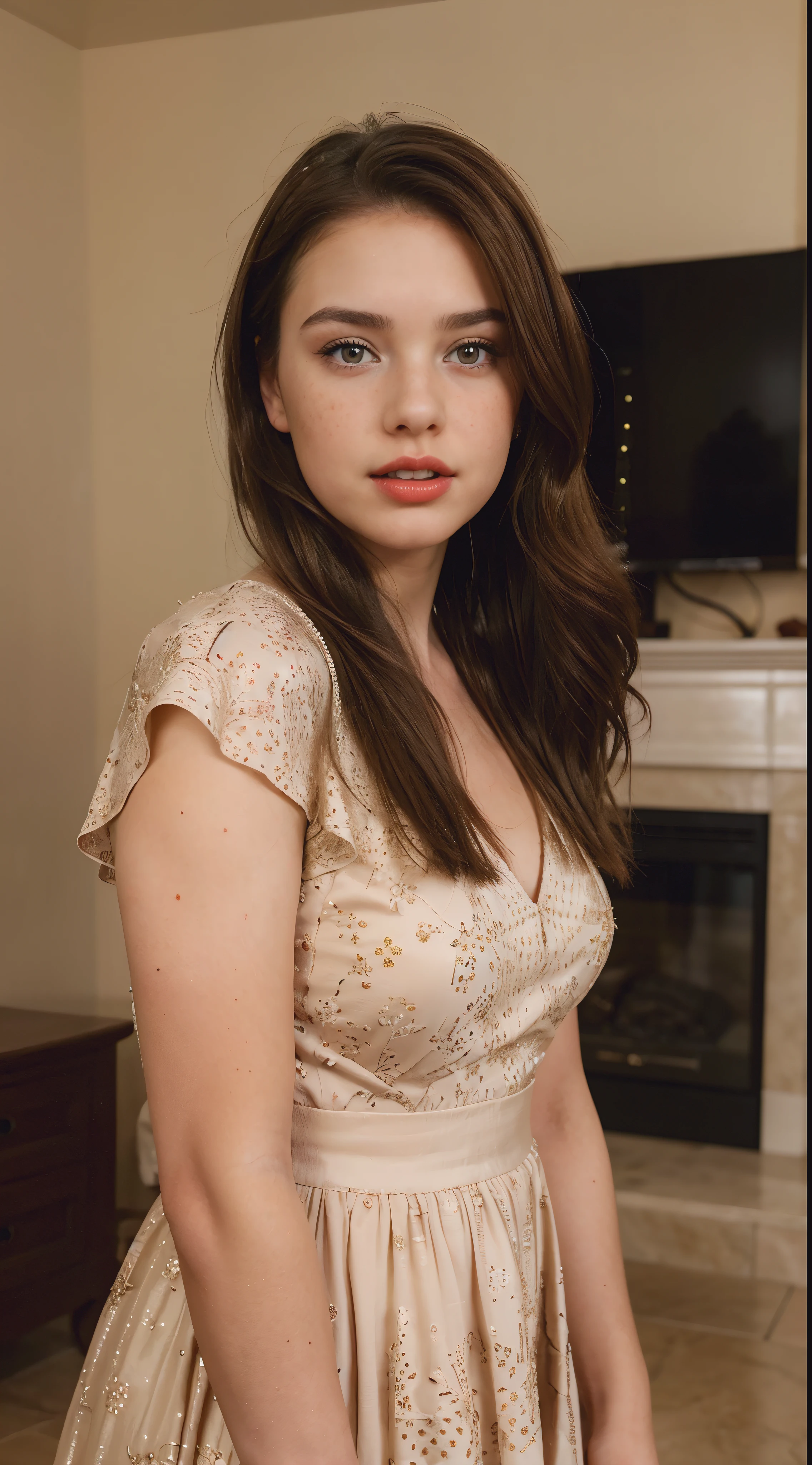 a beautiful 19s young girl, very beautiful, real, she is wearing a gorgeous dress, red lips, freckles in her cheeks, brunette hair,