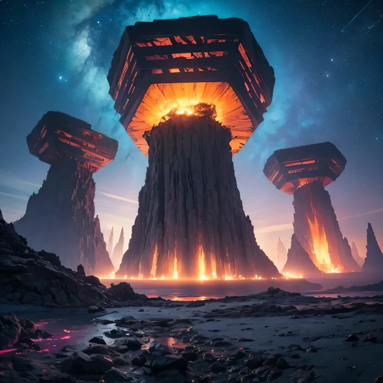 Alien Hexagonal Base (very detailed nipples) In a hexagonal mountain oasis,There are several hexagonal exhaust fans and chimneys, some neon lights projecting from the base,Light up the dark night), There are some clouds in the night sky, Some surrounding planets provide air to unknown planets,The most remote giant hexagonal volcano erupts,the rainforest