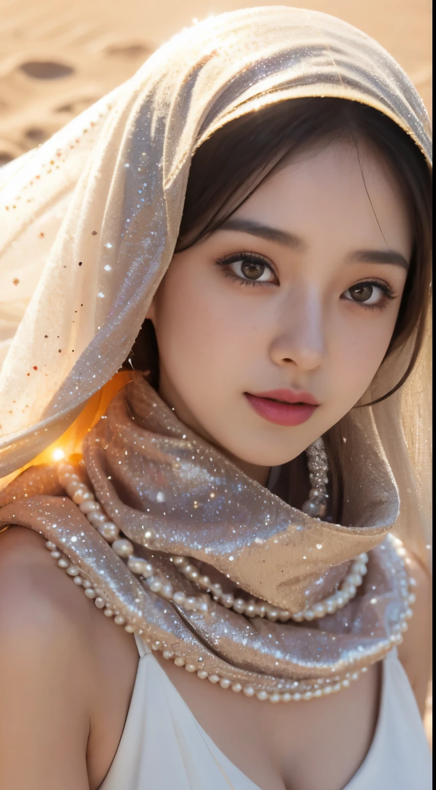 Dilraba Dilmurat, face veil, hijab, jilbab, muslim face mask, mouth veil, freckles, eyes mascara, masterpiece, best quality, photorealistic, glowing sparkly skin, soft lighting, voluptuous, cleavage, windy desert, blowing swirling sand grains, sunny backlighting, bloom, light sparkles, sharp focus, colorful liquid gel rain, close up, fashion designer, resplendent tiny pearls necklace, Halloween pumpkin theme background, baroque