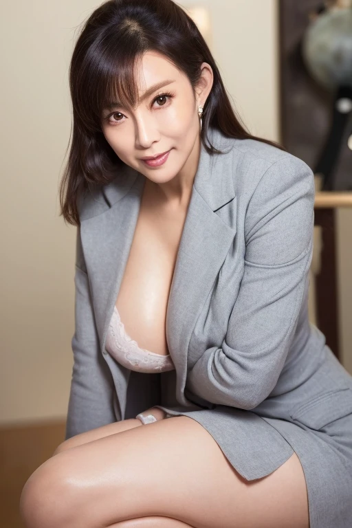 masutepiece, Best Quality, Photorealsitic, 4K, 日本人A MILF, (Solo), (((50 years old))), (Wrinkles at the corners of the eyes:1.5), (nasolabial folds:1.5), ((Large breasts)), (Saggy udder), A MILF, glamor, A sexy, Chromo-white skin, Wavy Longhair, Looking at Viewer, (((my skin is old))), ((muscles are old)), Super large udder, Gray business suit, high-heels, ssmile, Public places,