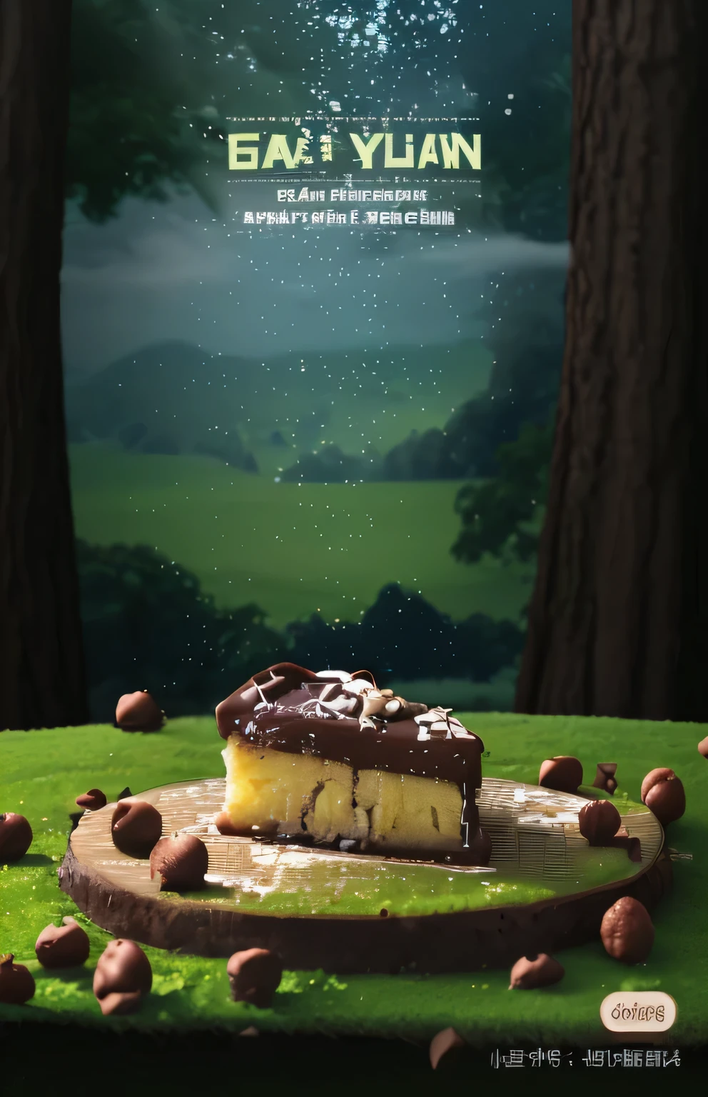 chestnut cake，on chocolate grass，Surrounded by tall trees，There are rolling mountains and blue sky and white clouds in the distance