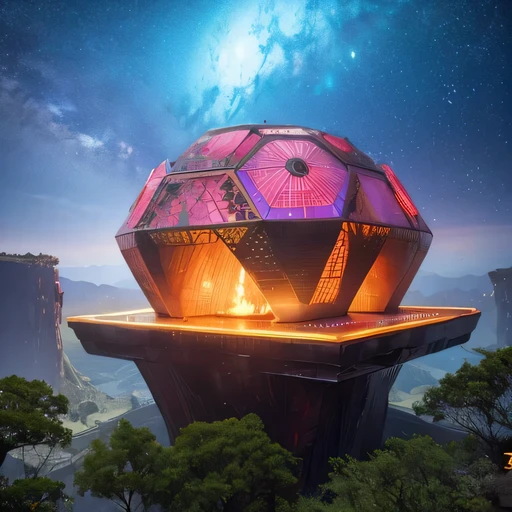 Alien Hexagonal Base (very detailed nipples) In a hexagonal mountain oasis,There are several hexagonal exhaust fans and chimneys, some neon lights projecting from the base,Light up the dark night), There are some clouds in the night sky, Some surrounding planets provide air to unknown planets,The most remote giant hexagonal volcano erupts,the rainforest