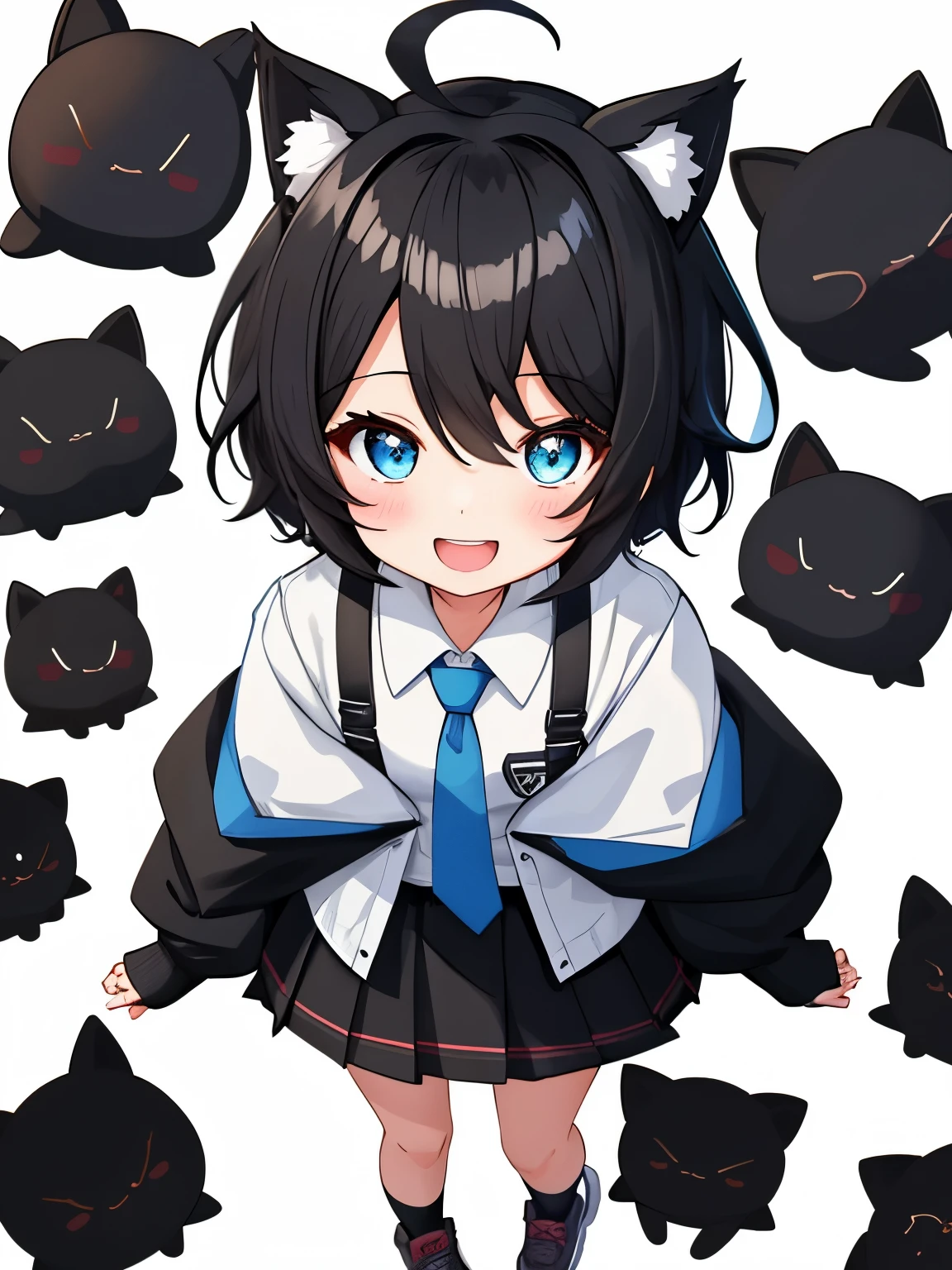 1girl with, Open mouth, Smile, Virtual Youtuber、girl with、((Best Quality, high_resolution, Distinct_image)),(Black hair), (Black cat ears), (Ahoge), (absurdly short hair), (Wavy Hair), (Blue eyes),、A smile、((concept-art))、Dressed in student uniform。wore a tie((Arms at sides))((Upright))、独奏、girl with1人、above knee、White background、symple background、Front-facing。Lori。Gamine。Mini。 3歳のgirl with, Big head, twitchEmote, above knee、White background, Chibi, Emote, face to the viewer,