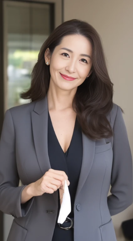 masutepiece, Best Quality, Photorealsitic, 4K, 日本人A MILF, (Solo), (((50 years old))), (Wrinkles at the corners of the eyes:1.5), (nasolabial folds:1.5), ((Large breasts)), (Saggy udder), A MILF, glamor, A sexy, Chromo-white skin, Wavy Longhair, Looking at Viewer, (((my skin is old))), ((muscles are old)), Super large udder, Gray business suit, high-heels, ssmile, Public places,