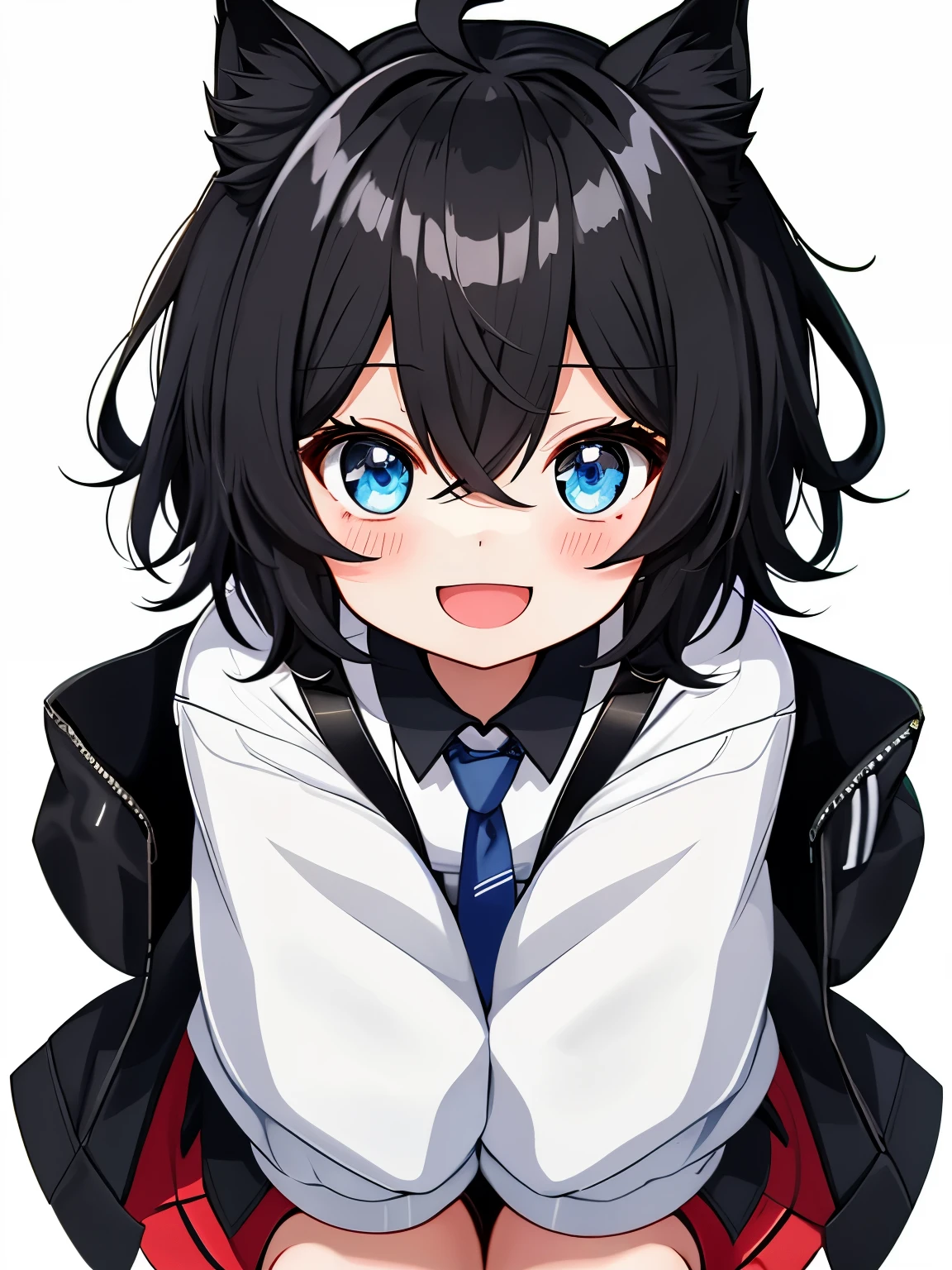 1girl with, Open mouth, Smile, Virtual Youtuber、girl with、((Best Quality, high_resolution, Distinct_image)),(Black hair), (Black cat ears), (Ahoge), (absurdly short hair), (Wavy Hair), (Blue eyes),、A smile、((concept-art))、Dressed in student uniform。wore a tie((Arms at sides))((Upright))、独奏、girl with1人、above knee、White background、symple background、Front-facing。Lori。Gamine。Mini。 3歳のgirl with, Big head, twitchEmote, above knee、White background, Chibi, Emote, face to the viewer,