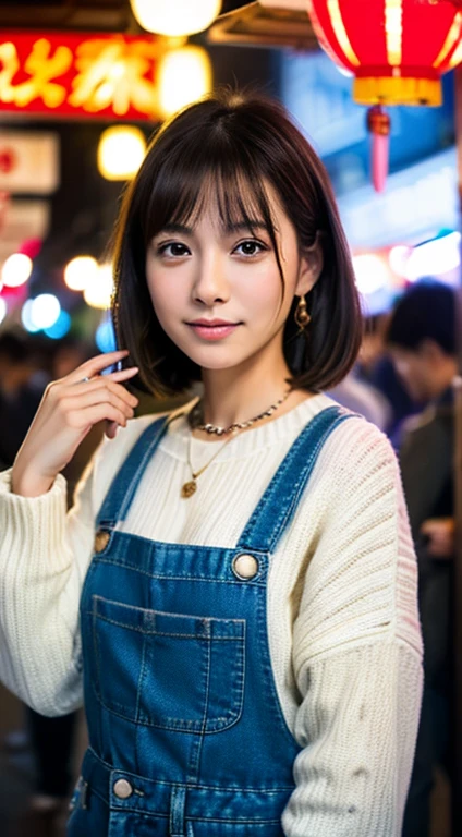 An Asian woman whose name is Rin.、Scene of eating ramen at a colorful food stall in the Nakasu area of Fukuoka。She has shoulder-length brown hair、Wearing a white sweater and blue jeans。The stalls are decorated with red lanterns.、The surrounding area offers a view of the lively night city.。In ultra-realistic 8K resolution、Rin's detailed facial expressions and jewelry details、Even the steam of the ramen is clearly depicted.。