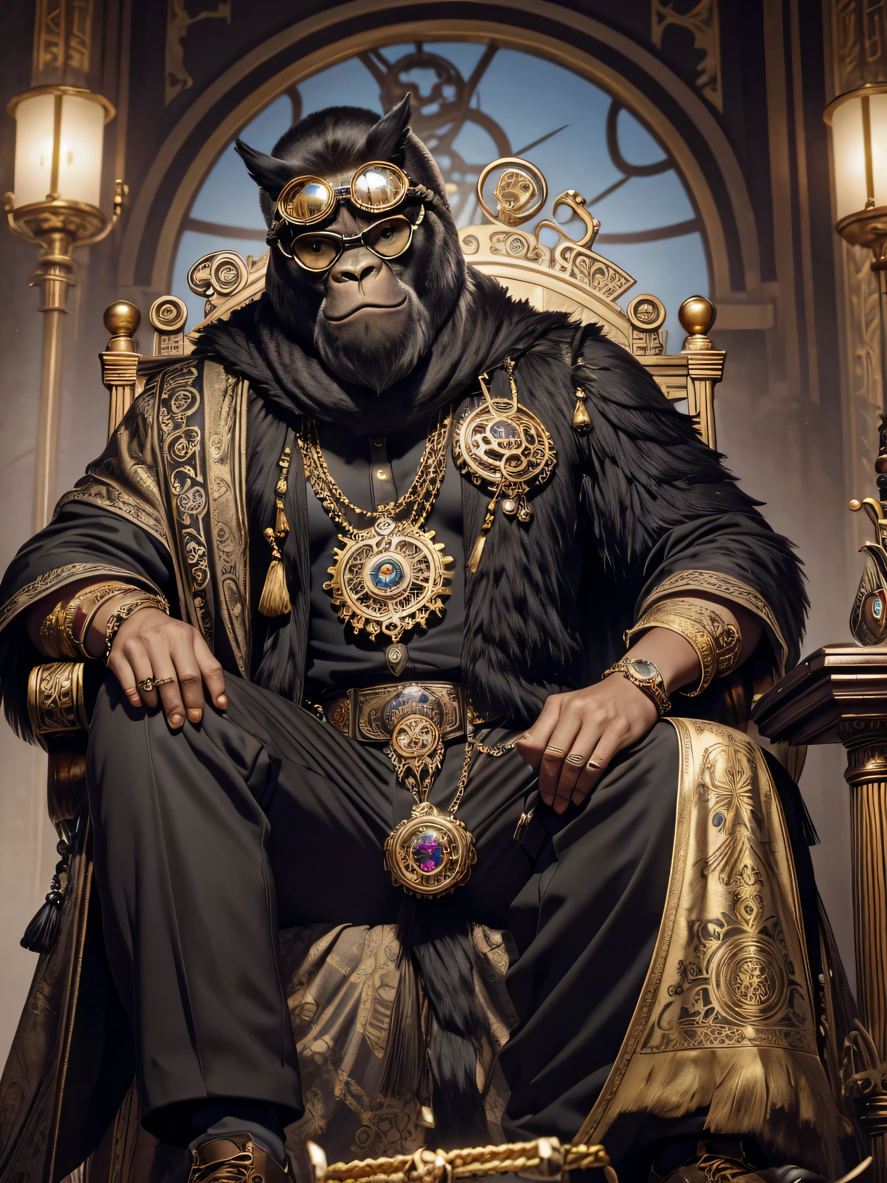 masterpiece, best quality, photo realistic ,fashionmonkey, gorilla, eye wear on head, gears, gem, goggles , gold, jewelry, magic circle,male_focus, owl, pants, shoes, sunglasses, tassel, throne,
