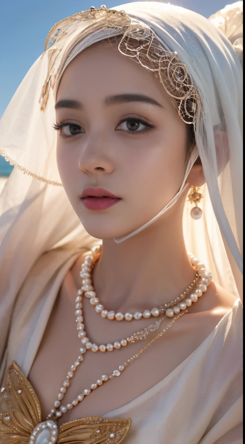 nsfw, (((topless))),,Dilraba Dilmurat, hijab, jilbab, muslim face mask, mouth veil, freckles, eyes mascara, masterpiece, best quality, photorealistic, glowing sparkly skin, soft lighting, voluptuous, windy desert, blowing swirling sand grains, sunny backlighting, bloom, light sparkles, sharp focus, colorful liquid gel rain, close up, fashion designer, resplendent tiny pearls necklace, baroque