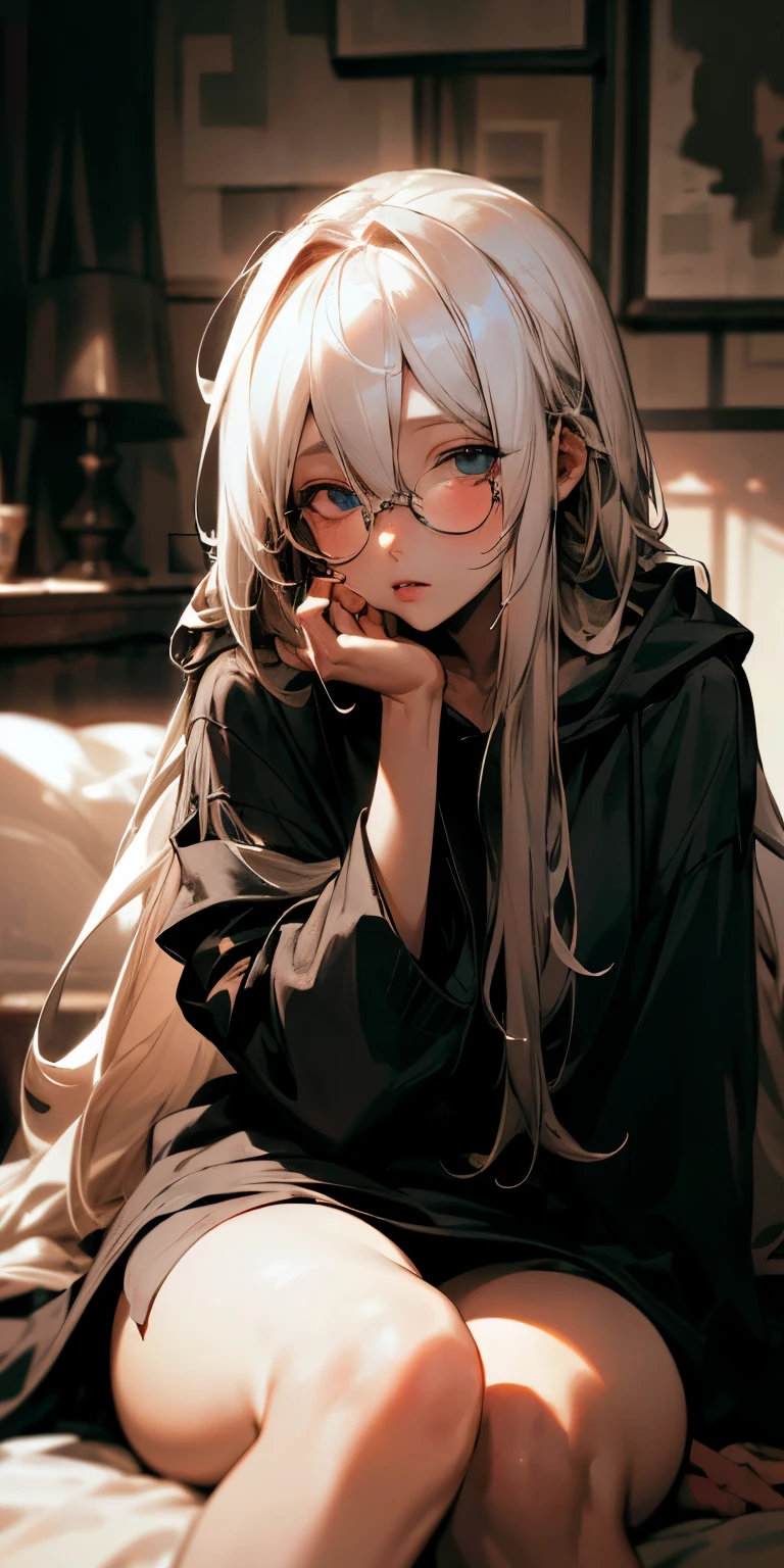 (masterpiece, best quality),long white haired girl sitting on a bed in a messy bedroom, wearing a black hoodie and glasses, hand resting under her chin, warm lighting, blurry foreground, detailed eyes and lips, soft color palette, cozy atmosphere