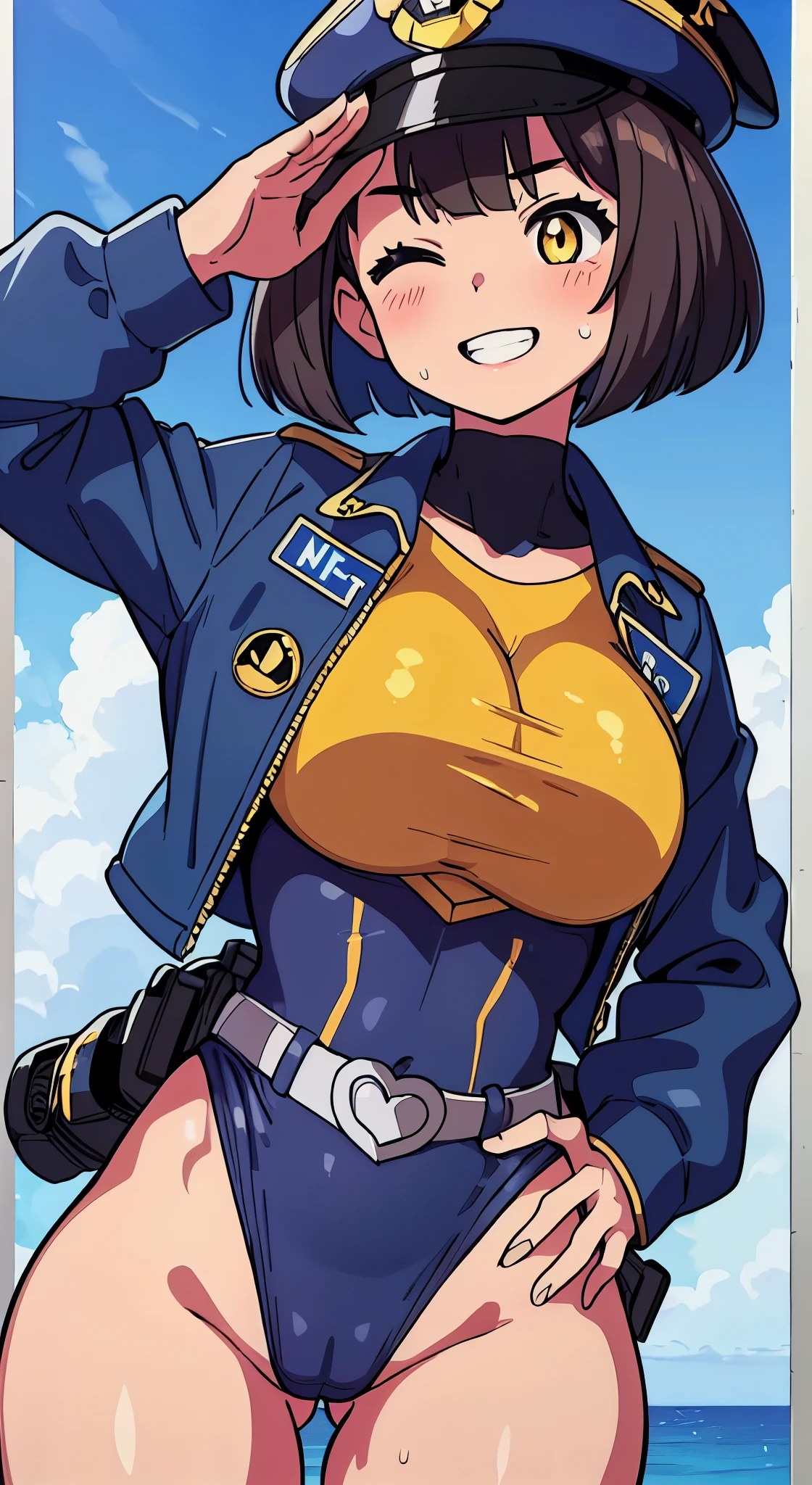 (Perfect body),Best Quality,(8K Portrait),(anime screen cap)、((Police Woman)),blush,Sweat,((large udder))、(Dark hair),((bob cuts))、Yellow eyes,(((thick thighs))),((((Navy blue leotard))))、from behind、((A smile))、Cowboy Shot、((saluting))、((((Left hand on hip))))、(Navy blue jacket)、showing teeth、one eye closed、(((Chibi)))、kneeking